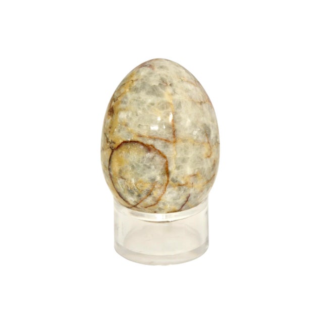 Large three inch marbled stone egg with striations in sienna, brown, gray and white on a clear acrylic circular stand. No...