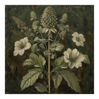 18" X 18"' Original Botanical Fine Art Print - Dark Green Grisaille For Sale