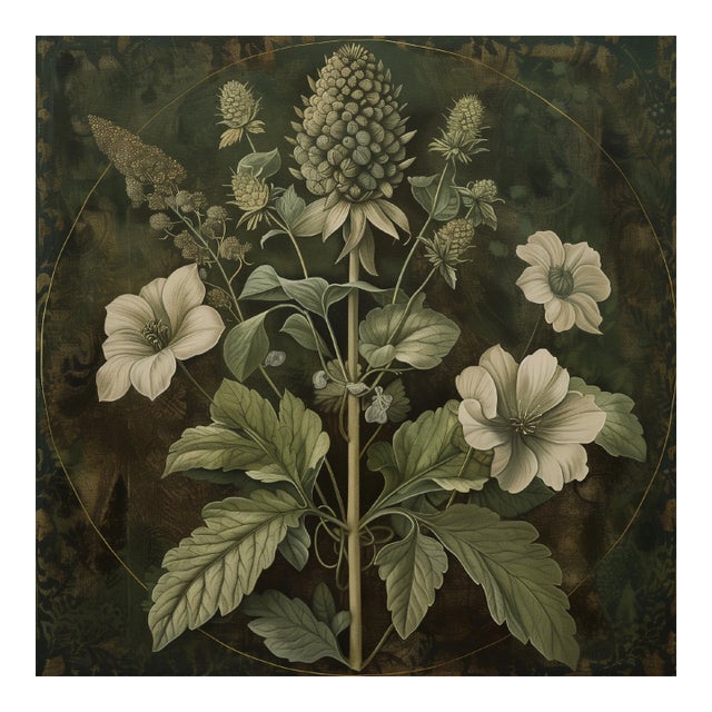 18" X 18"' Original Botanical Fine Art Print - Dark Green Grisaille For Sale