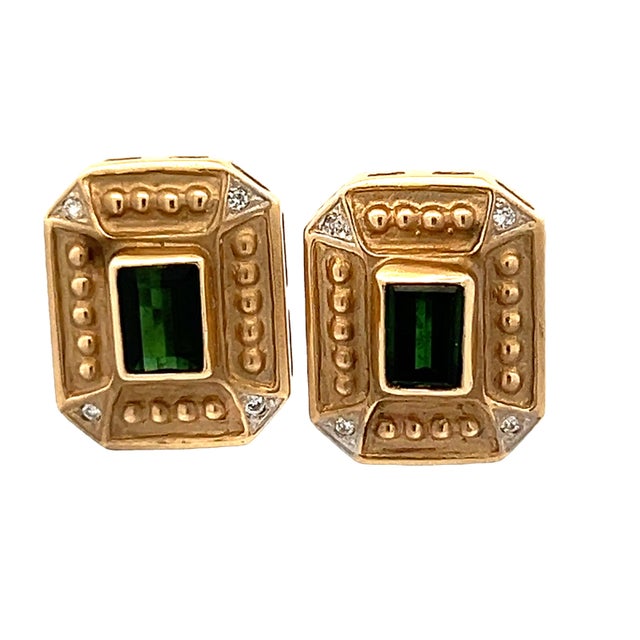 1980s Italian 14k Gold Green Tourmaline & Diamond Earrings, Pair For Sale - Image 9 of 9