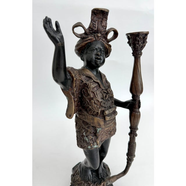 Mid-20th C Venetian-Style Moorish Figural Bronze Candlesticks - A Pair For Sale - Image 9 of 10