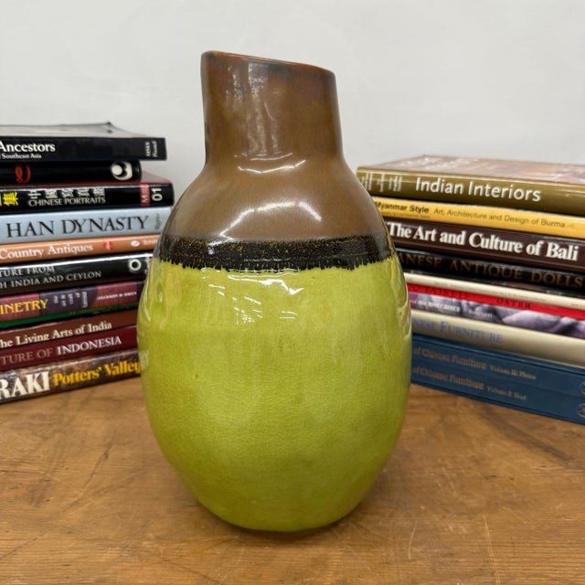 Round Pistachio Green Ceramic Vase with Brown Curved Top For Sale - Image 4 of 9