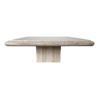 1980s Italian Postmodern Bullnose Beige Travertine Square Coffee Table by Stone International For Sale