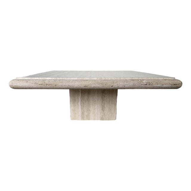 1980s Italian Postmodern Bullnose Beige Travertine Square Coffee Table by Stone International For Sale