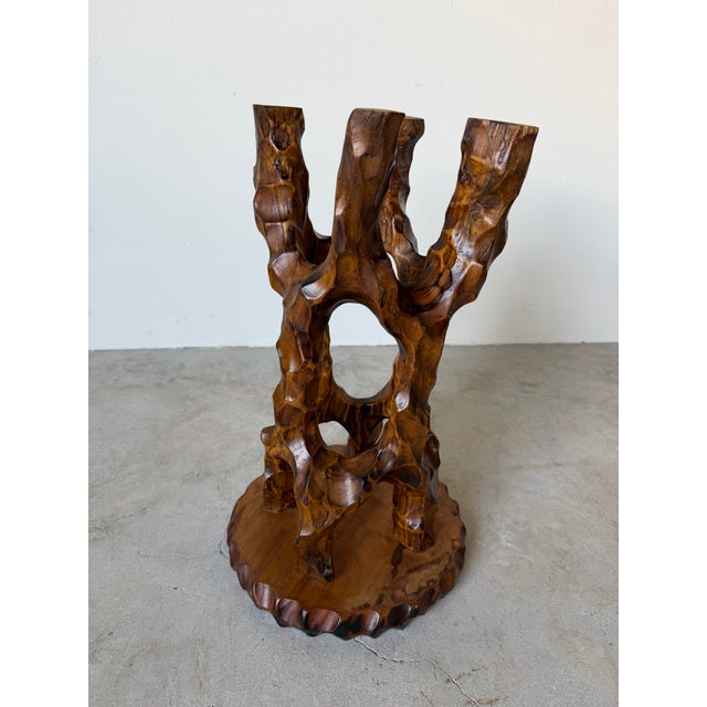 Brown Vintage Organic Hand-Carved Mahogany Wood Plant Stand / Pedestal Table For Sale - Image 8 of 12