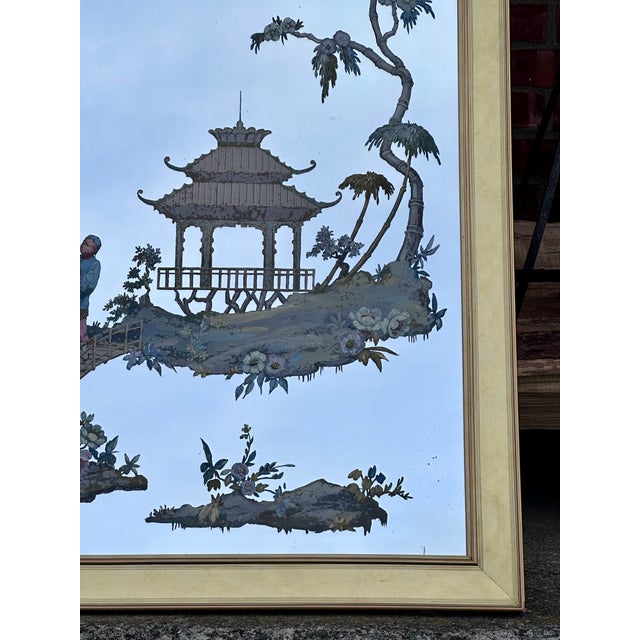1970s Chinoiserie Reverse Hand-Painted Mantle Mirror For Sale - Image 5 of 9