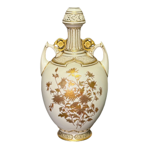 Antique Royal Worcester Porcelain Reticulated Vase, 24 Carat Gold Chrysanthemum Decoration, Aesthetic Movement C1888 #1200 (The Persian Vase)