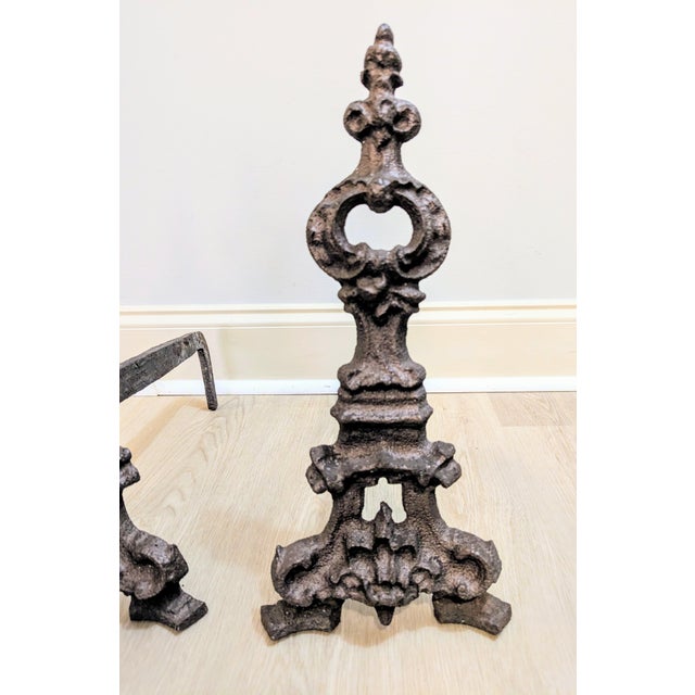 Rococo Antique 19th-Century Rococo Revival Cast Iron Andirons - Decorative Pair For Sale - Image 3 of 10