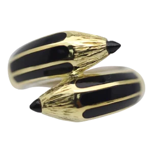 18k Yellow Gold Onyx Enamel Crossover Pencil Ring, Size 7