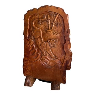 Monumental 5.5-Ft Vintage Hand-Carved Solid Wood Relief Sculpture With Matching Stands. A Family Heirloom, Truly One of a Kind of This Size. For Sale
