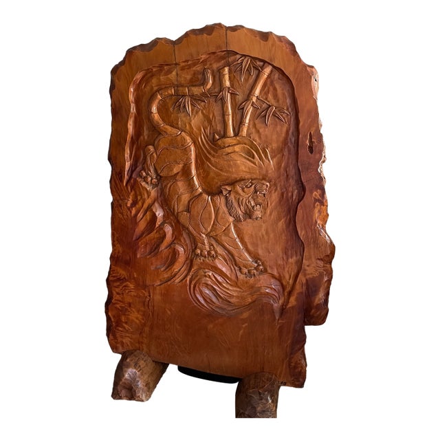 Monumental 5.5-Ft Vintage Hand-Carved Solid Wood Relief Sculpture With Matching Stands. A Family Heirloom, Truly One of a Kind of This Size. For Sale