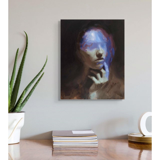 The artwork depicts a figure enveloped in soft, ethereal hues, primarily blues and browns, creating a dreamlike...