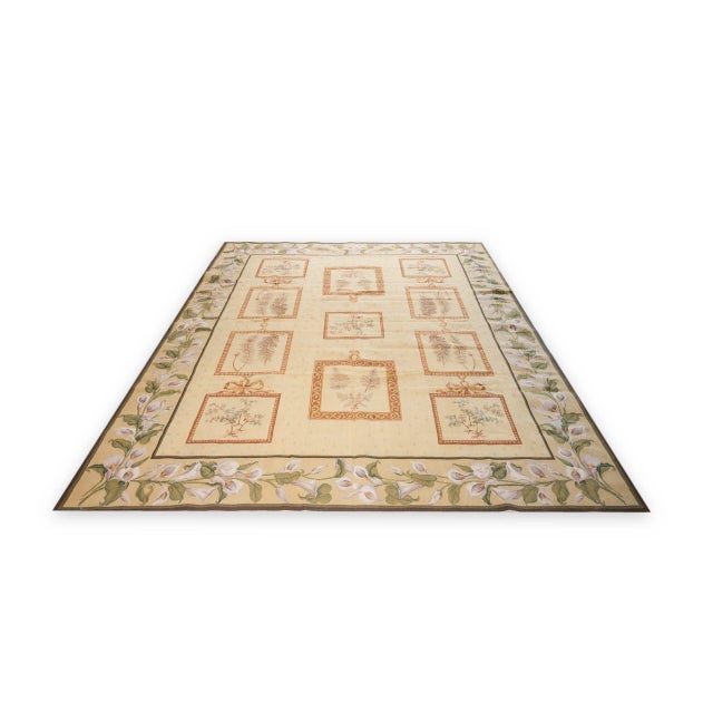 8x10 Vintage Aubusson Flat Weave Wool Rug, Ivory Botanical Panel For Sale - Image 4 of 13