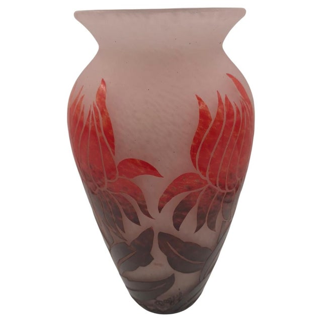 Ruby Red Large Degué French Art Deco Acid-Etched Cameo Glass Vase With Ruby Red Floral Overlay, Circa 1925 For Sale - Image 8 of 10