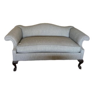 Vintage Reproduction Camelback Newly Upholstered Sofa With Coordinating Custom Blue Velvet Accent Pillows For Sale