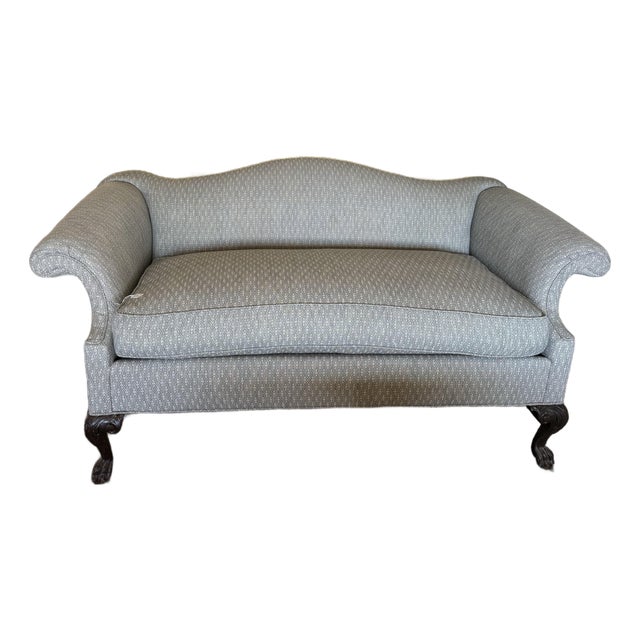 Vintage Reproduction Camelback Newly Upholstered Sofa With Coordinating Custom Blue Velvet Accent Pillows For Sale