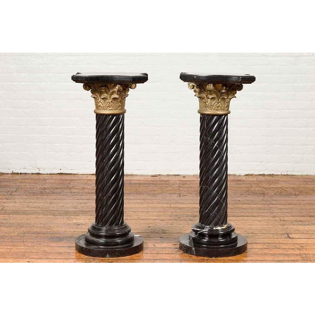 Pair of Black Carrara Marble Twisted Pedestals with Bronze Corinthian Capitals For Sale - Image 12 of 15