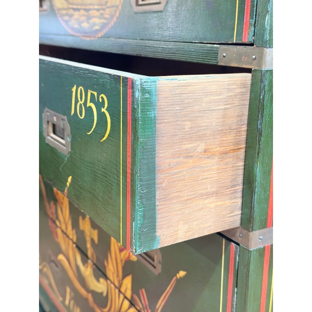Wood Antique Victorian Naval Campaign Secretary Chest With Hand Painted Maritime Motifs For Sale - Image 7 of 12
