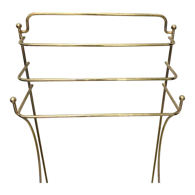 Vintage Hollywood Regency MCM Heavy Brass Freestanding Floor Towel Rack Shelf For Sale