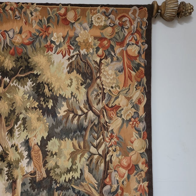 Vintage French Handwoven Aubusson Wall Tapestry, Bird in Woodland Landscape, Gobelins Weave For Sale - Image 10 of 11