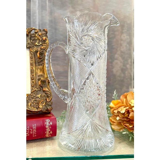 Vintage Brilliant Cut Glass Signed Yasemin Large Clear Cut Water Pitcher For Sale In Phoenix - Image 6 of 9