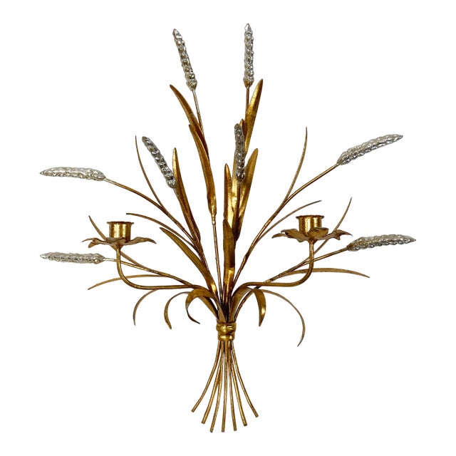 Vintage Tole Gilt Sheaf of Wheat Candle Wall Sconce For Sale