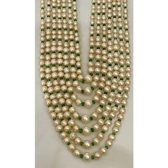 7Layer Fresh Water Pearl , Emerald Bead + 14K Spacer Clasp Opera Length Necklace For Sale - Image 17 of 18