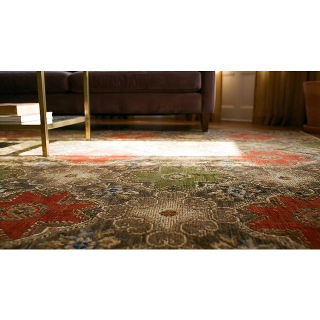 1850s Olive Red Star Medallion Antique American Ingrain Carpet 8' 2'' X 12' 9'' Wowen Wool Rug For Sale - Image 13 of 15