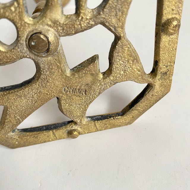 Chinoiserie Brass Candlesticks Asian Character Vintage Brass Candle Holders a Pair For Sale - Image 11 of 13