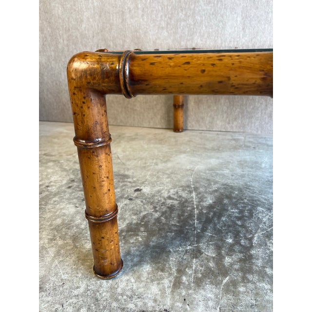 Vintage Mid 20th Century Palm Beach Regency Style Square Faux Bamboo Coffee Table With Rattan Cane and Glass Top For Sale - Image 12 of 12