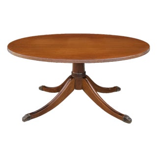 Vintage Duncan Phyfe Style Mahogany Oval Coffee Table – Federal Neoclassical Pedestal Base With Reeded Saber Legs & Brass Claw Feet For Sale