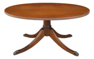 Vintage Duncan Phyfe Style Mahogany Oval Coffee Table – Federal Neoclassical Pedestal Base With Reeded Saber Legs & Brass Claw Feet