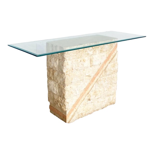 Postmodern Tessellated Mactan Stone Console Table With Polished Pink Stone Accent For Sale