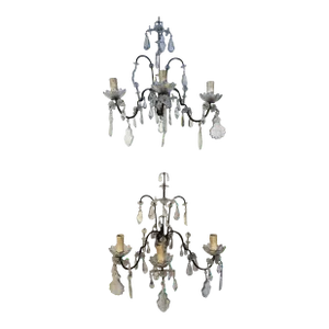 Antique Italian Maria Theresa Baroque Style Cut Glass 3 Candle Sconce, 1910 - a Pair