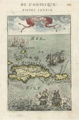 Antique Map of Hispaniola and Puerto Rico in the Caribbean by Mallet, 1683