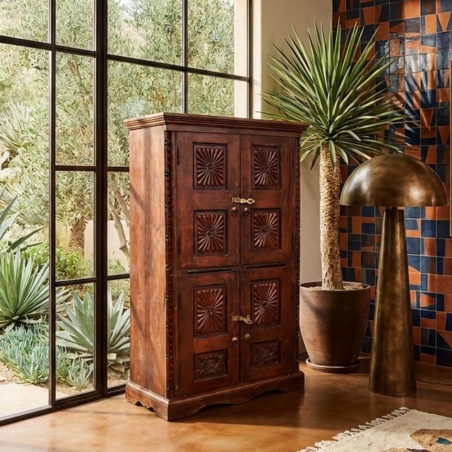 Antique Indian Sunburst Carved Armoire | Dark Wood Double-Door Wardrobe Cabinet 66 For Sale In Orlando - Image 6 of 6