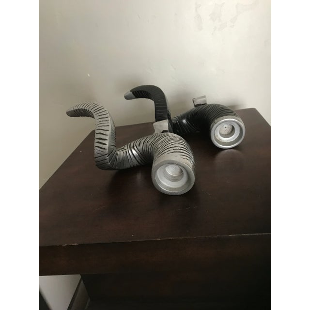 Hollywood Regency Black and Silver Color Metal Ram Horn Candle Holders - a Pair For Sale - Image 3 of 8