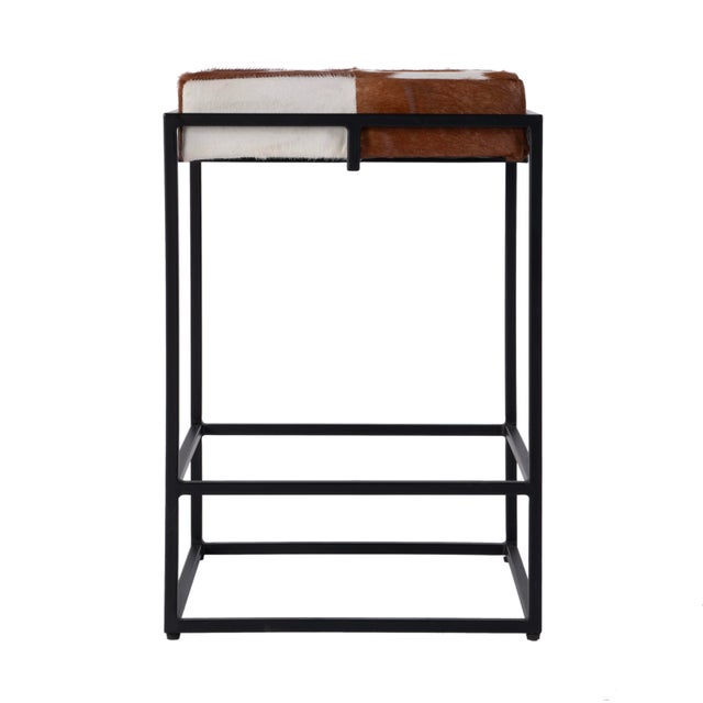 Rustic Stinson 26.5 in. Seat Height Hair on Hide Leather and Iron Counter Stool with Footrest, Brown Leather For Sale - Image 3 of 6