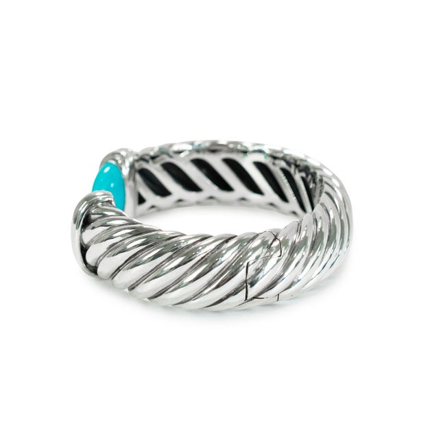 David Yurman David Yurman Sculpted 925 Silver Turquoise Cable Waverly Cuff Bangle Bracelet For Sale - Image 4 of 8