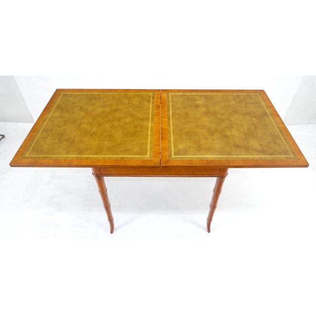 Animal Skin Fine Olive Green Leather Top Faux Bamboo Legs Flip Game Dining Table MINT For Sale - Image 7 of 14