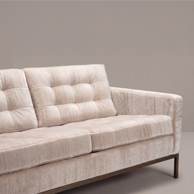 Florence Knoll Settee Loveseat in Limani Mohair & Brushed Bronze For Sale In New York - Image 6 of 8