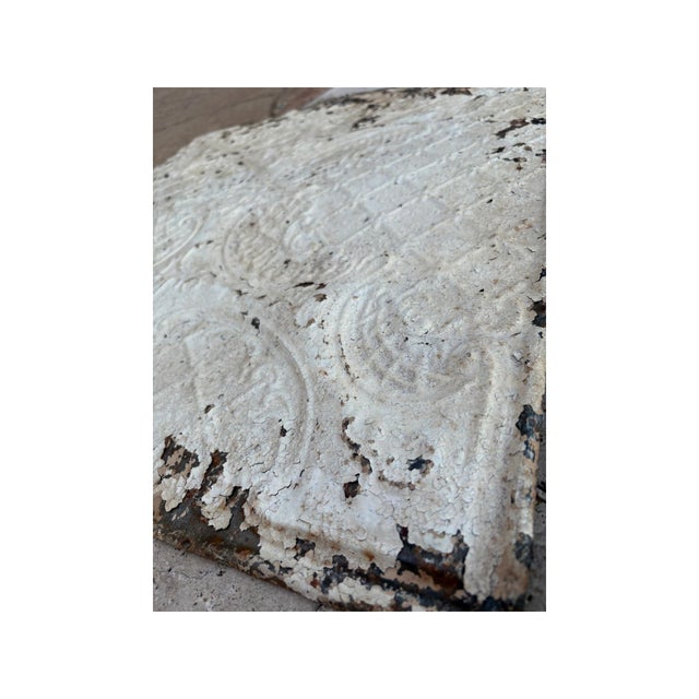 Metal Victorian Antique Pressed Tin Ceiling Tiles – Ornate Scroll & Diamond Lattice Design – Original Architectural Salvage For Sale - Image 7 of 12