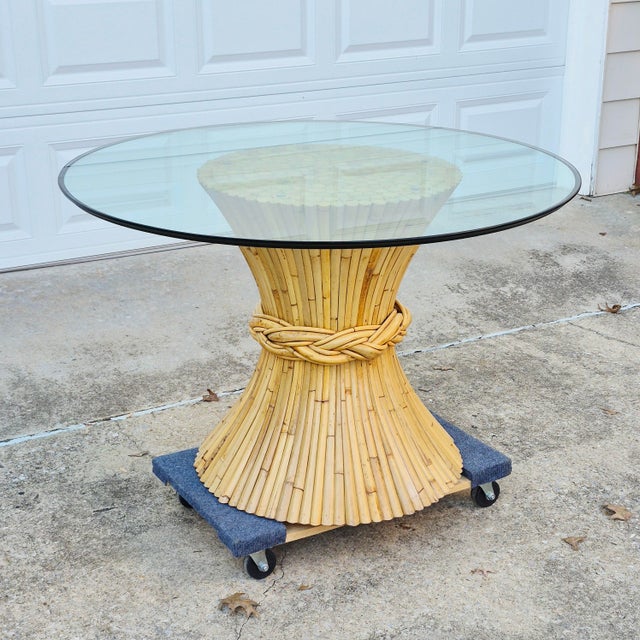 1970s Signed McGuire Bamboo Rattan Wheat Sheaf Pedestal Base 45” Round Glass Top Dining Table For Sale - Image 16 of 17