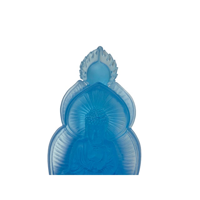 Glass Blue Frosted Crystal Glass Lotus Base 3 Sides Bodhisattva Sanbao Figure For Sale - Image 7 of 13