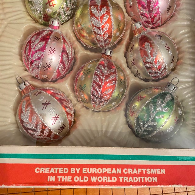 Vintage Glass Christmas Tree Ornaments Made in Romania - Set of 8 in Original Box For Sale - Image 10 of 12