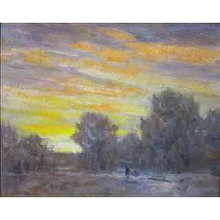 Alone by Lorenzo Chavez | Oil on Canvas Panel Landscape with a figure walking at sunset For Sale