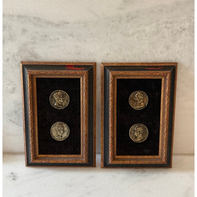 Pair of mid century wall hangings by W. King Ambler featuring "Romain Coins" or cast medallions depicting profile...