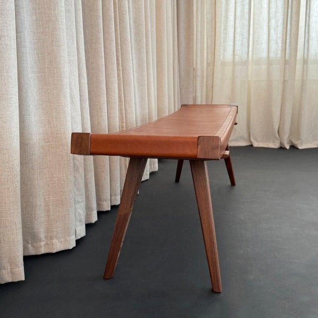 Mid-Century Modern Style Custom Leather and Walnut Bench For Sale - Image 4 of 9
