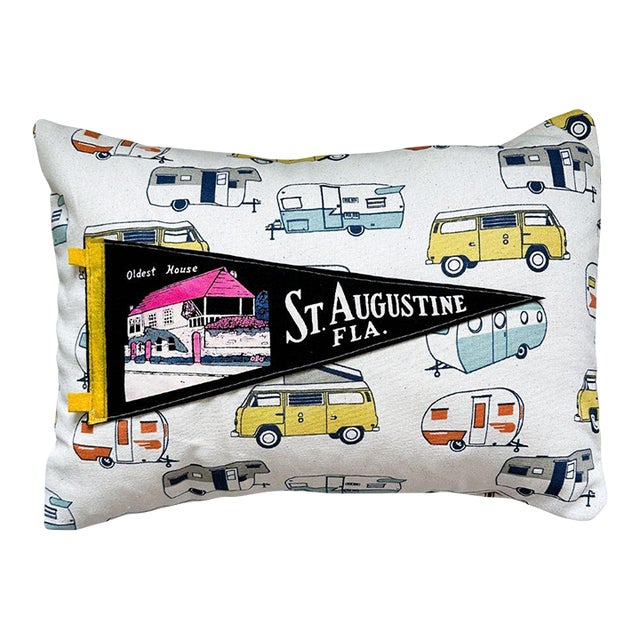 Florida St. Augustine Vintage Black Pennant on New Woven Camper Throw Pillow For Sale