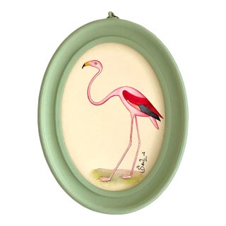 Original Hand-Painted Flamingo in a Hand-Painted Green Frame For Sale